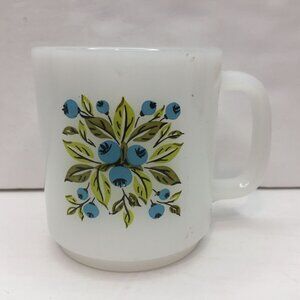 Vintage White Avocado Green Yellow Blue Retro 70's Coffee Mug Cup Leaves Berries